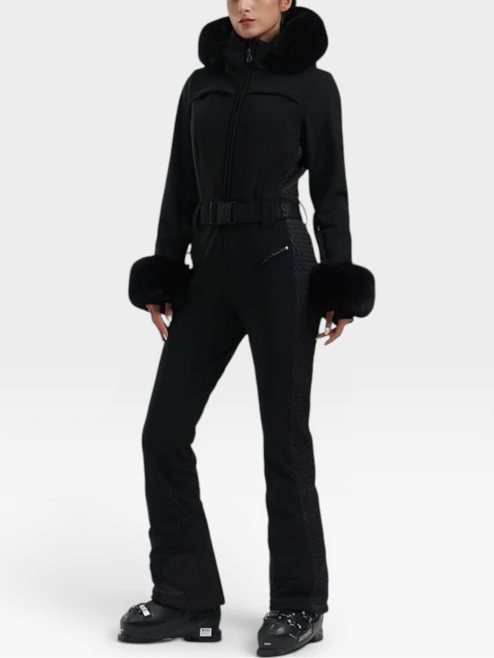 GSOU SNOW Black Faux Fur Shirred Waterproof One-Piece Ski Suit Size L - Picture 3 of 14